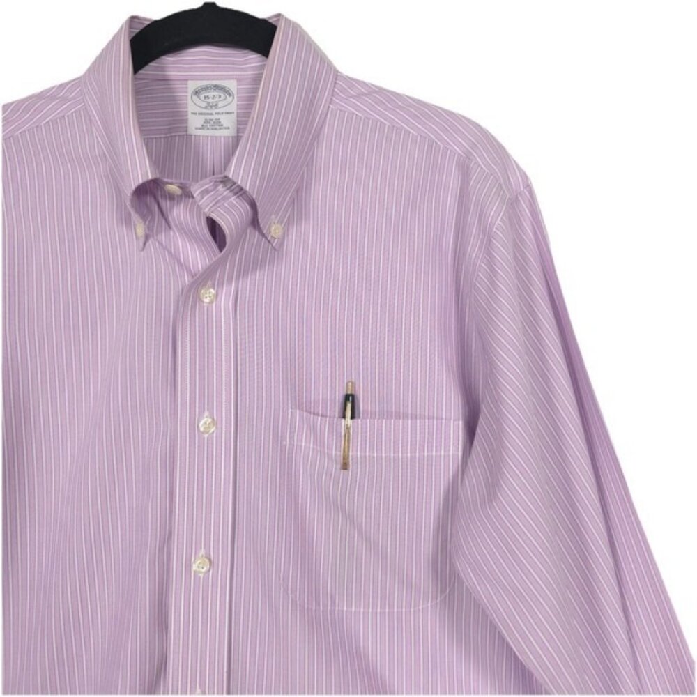 Brooks Brothers Dress Shirt 15 - 2/3 Slim Fit Non Iron Cotton Striped Purple‎